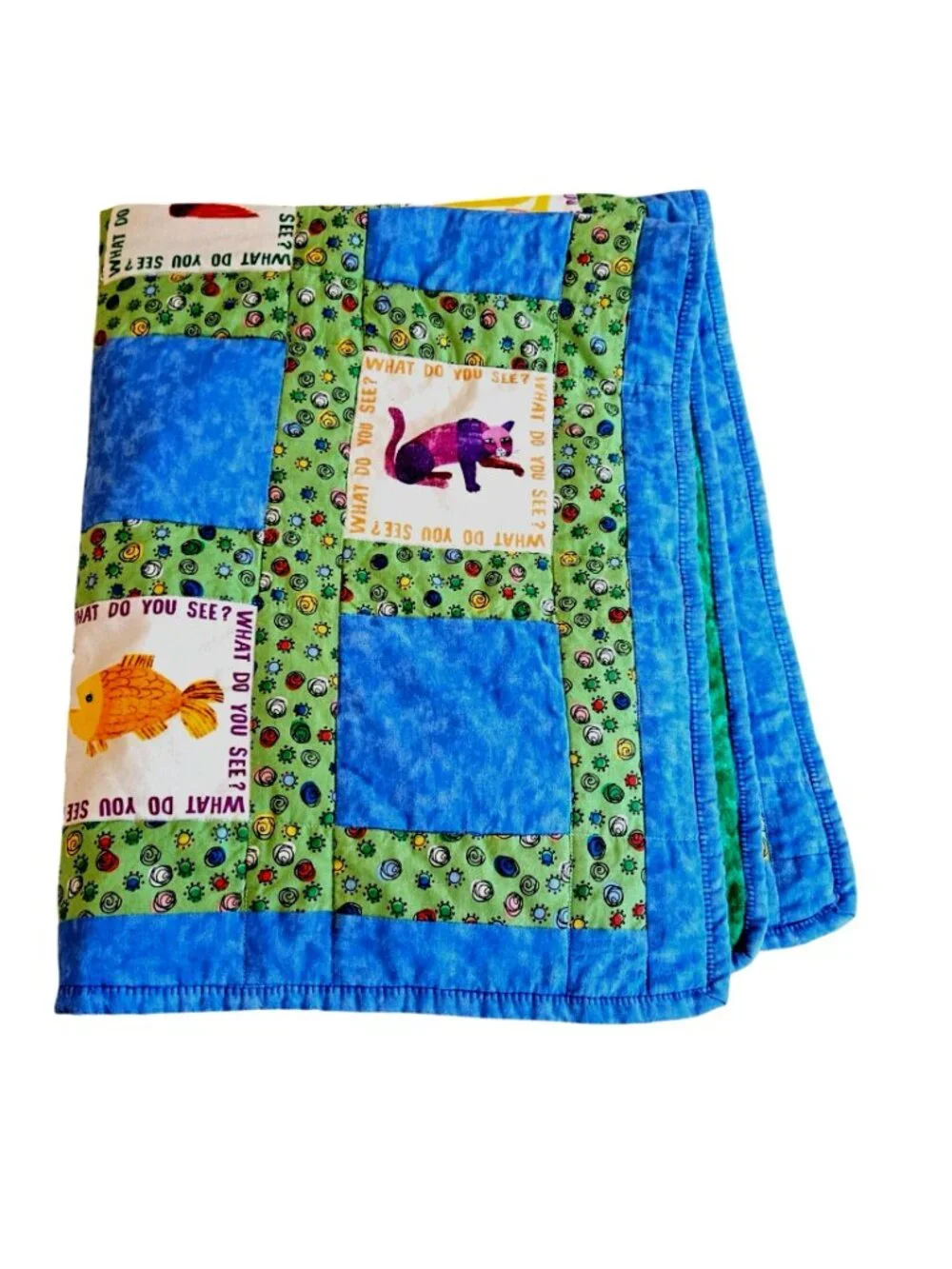 Vintage 90s Brown Bear What Do You See Baby Quilt Blue Green Cotton 39x32" Carle - Picture 3 of 12